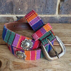 VTG Fossil Womens Multi Color Woven Fabric Leather Silver Concho Southwest Belt